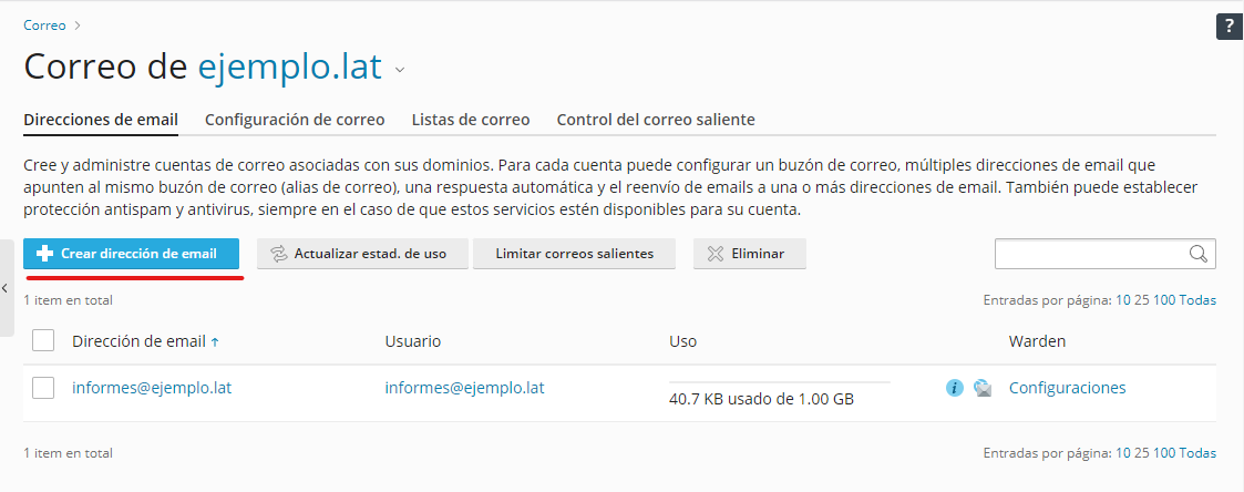 crear direccion de email en plesk