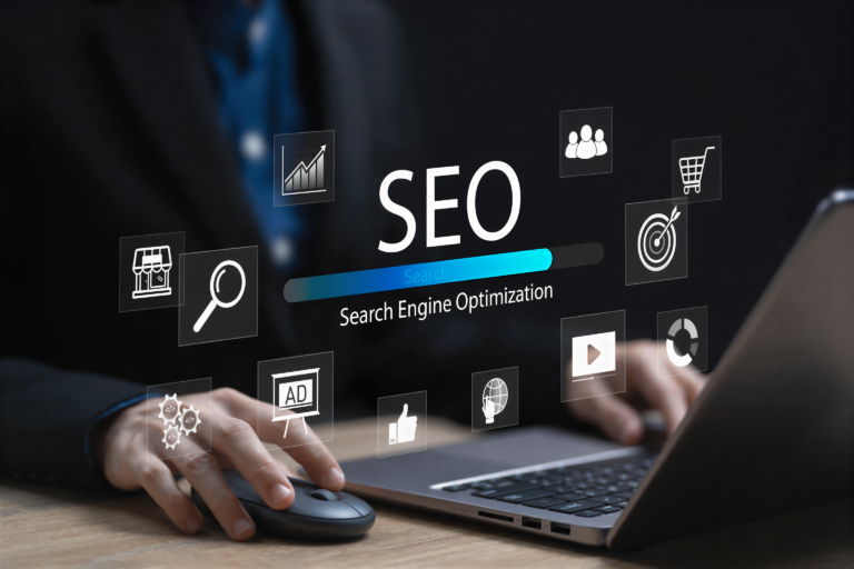 Search Engine Optimization mostrando pilares como análisis, contenido, optimización, enlaces y palabras clave