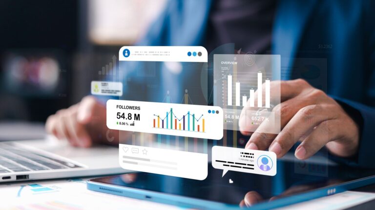 mostrando métricas de conversión, engagement y rendimiento de campañas en redes sociales corporativas