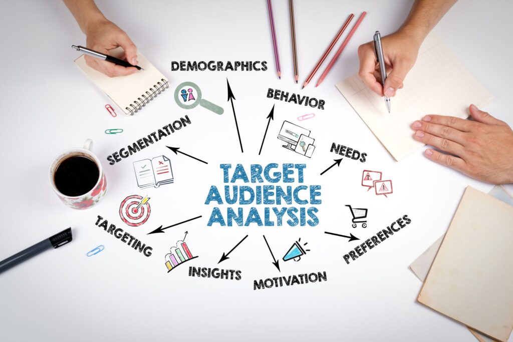 Equipo de estrategia digital analizando segmentación de audiencia y comportamiento del consumidor sobre un escritorio